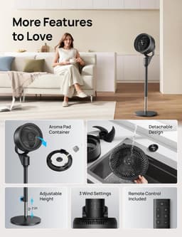 Elektrische Vloer Ventilator - Stille Ventilator - Ruimte Koelen - 80ft Luchtcirculatie - 34-41 Inch - Zwart — thumbnail 3