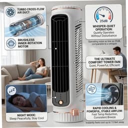 Ulisem - Tafeltorenventilator - 3 standen - USB oplaadbaar - Liggend en staand gebruik - Stille motor - Bladloos ontwerp - Draagbaar - Voor slaapkamer en kantoor - Wit — thumbnail 5