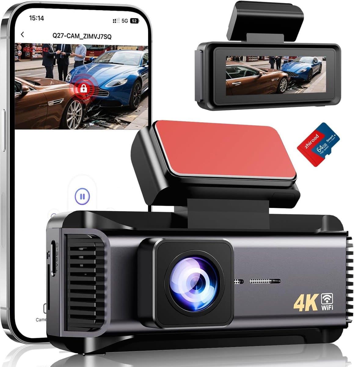 Auto Camera - Rijrecorder - Veilig Rijden - 4K Resolutie Nachtzicht - 64GB Inbegrepen - Zwart — afbeelding 1