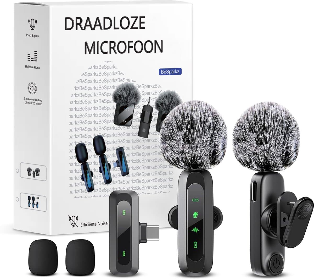BeSparkz 2 in 1 Luxe Draadloze Microfoon - 2 Stuks - Lavalier - Windshields - Dasspeld - Lange Batterij - USB-C/Lightning - 2 Stuks - Plug & Play — afbeelding 1