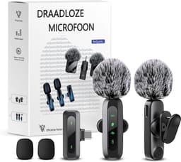 BeSparkz 2 in 1 Luxe Draadloze Microfoon - 2 Stuks - Lavalier - Windshields - Dasspeld - Lange Batterij - USB-C/Lightning - 2 Stuks - Plug & Play — thumbnail 1