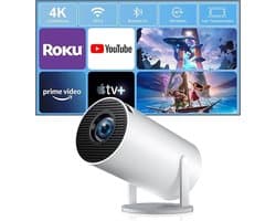 Smart-projector, 1080p native met 4K-ondersteuning, wifi 6 en Bluetooth 5.2, autofocus/trapeziumcorrectie, geïntegreerde apps, spraakbediening, draagbare filmprojectoren voor buiten
