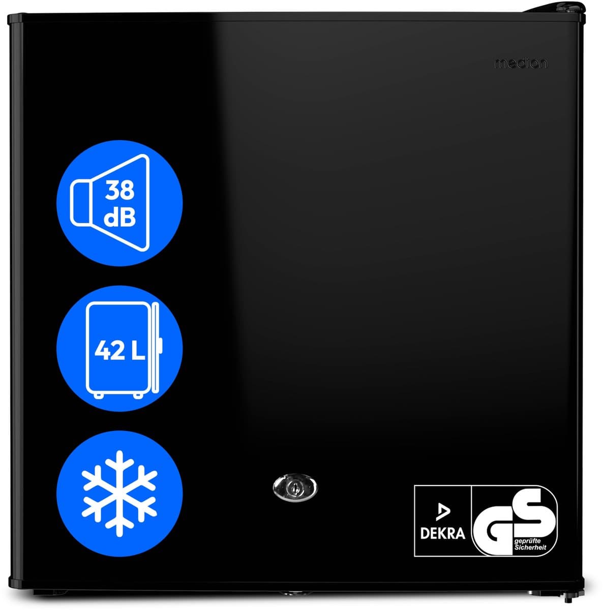 MEDION Mini koelkast met slot en vriesvak 42 L, stille kleine koelkast voor kantoor hotel minibar camping gaming, drank voedsel ijs, deur omkeerbaar, MD 370001 zwart — afbeelding 1