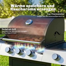 Gasbarbecue - Gasbarbecue en grill - 3+1 Branders - 10,5 kW - Grillwagen - Barbecuewagen - met Grillrooster, Wielen, Bijzettafels, Thermometer, Opvangbak en Warmhoudplaten - 109 x 50 x 109 cm - Zwart — thumbnail 5