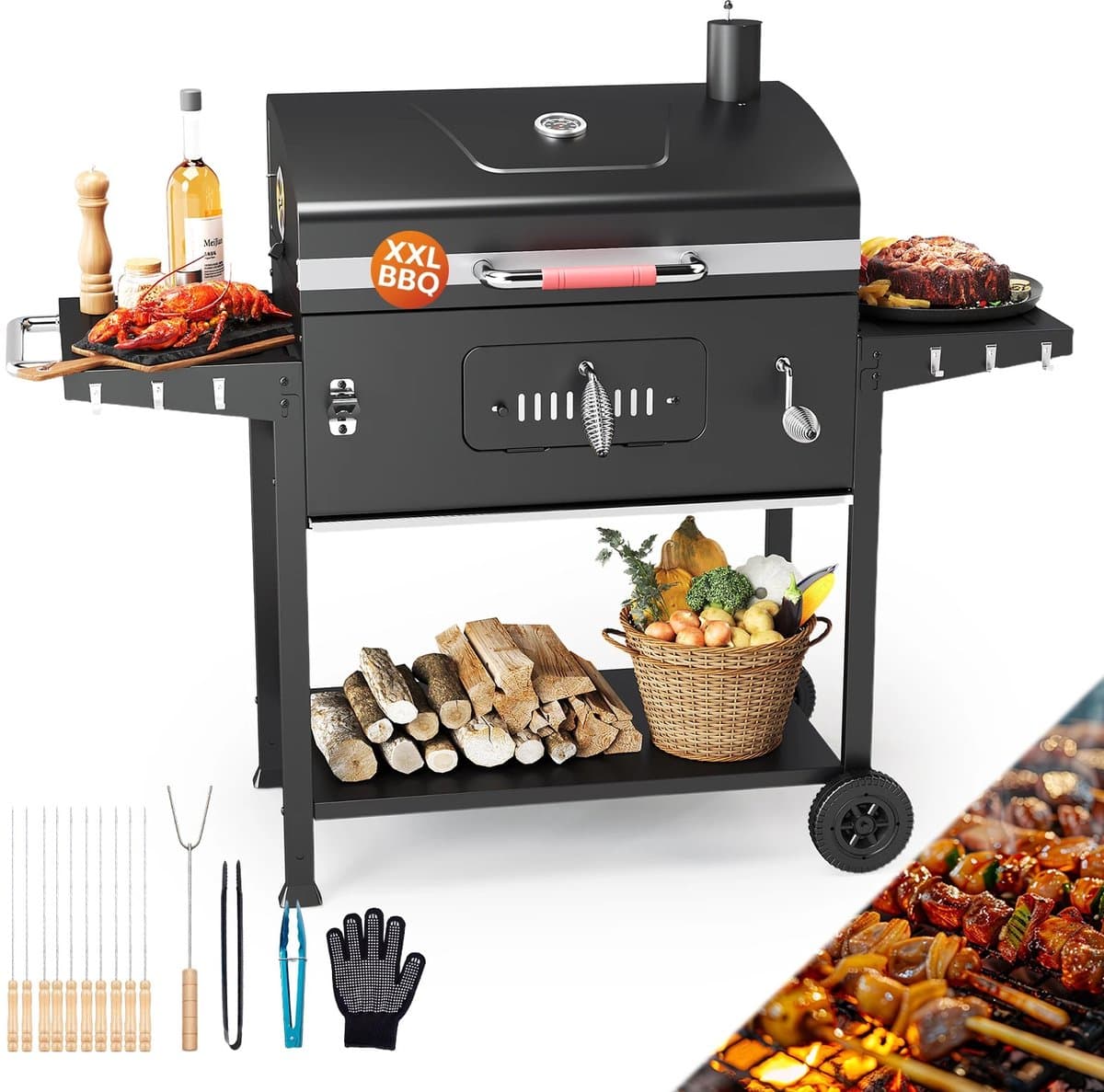 HomeGoodies BBQ - Houtskool barbecue – BBQ kar verrijdbaar - Groot grilloppervlak - 69x42.5 cm - thermometer - zijtafels – Zwart — afbeelding 1