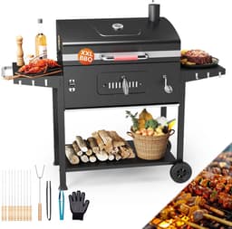 HomeGoodies BBQ - Houtskool barbecue – BBQ kar verrijdbaar - Groot grilloppervlak - 69x42.5 cm - thermometer - zijtafels – Zwart — thumbnail 1