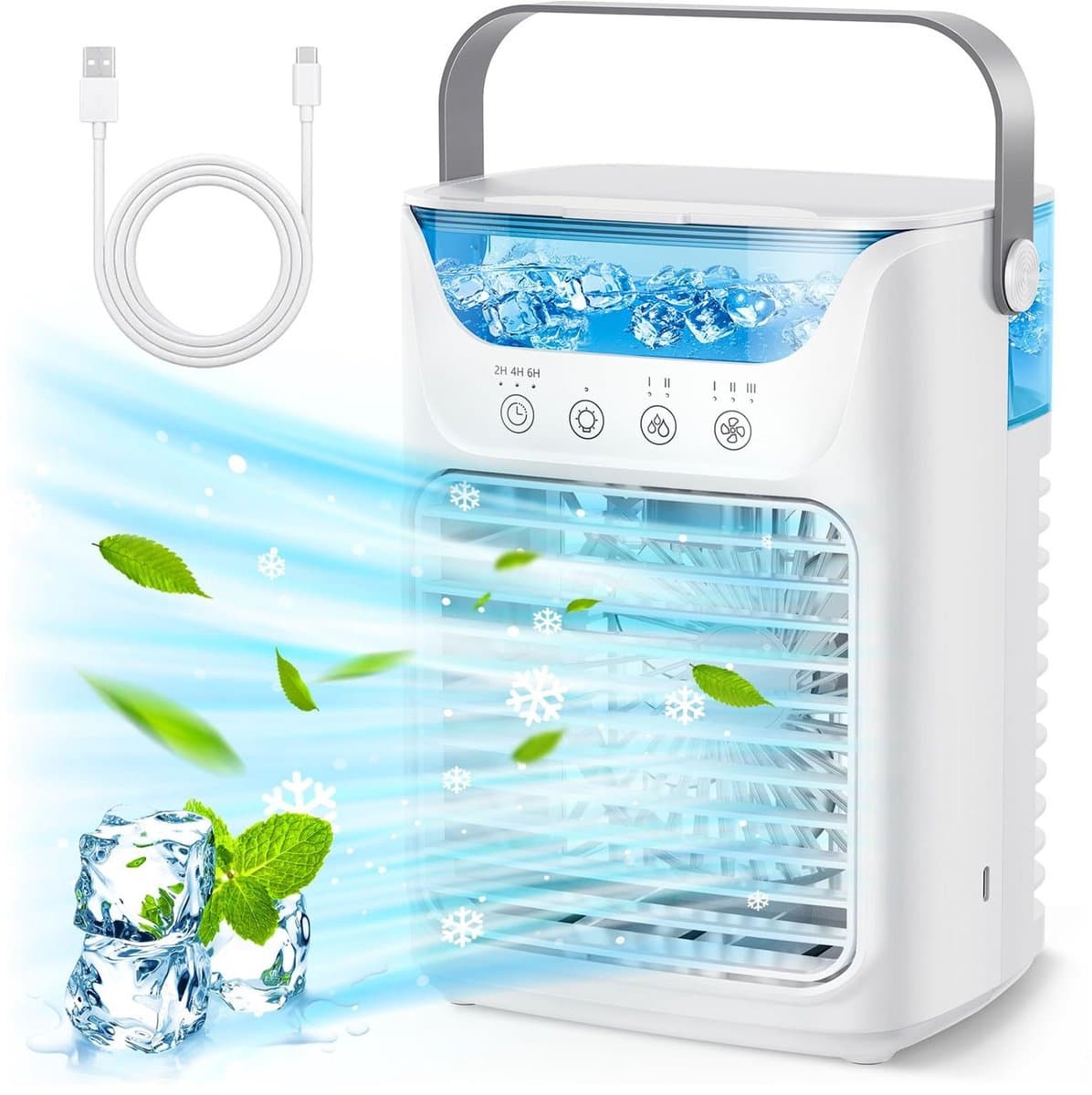 Mobiele airconditioning - 4-in-1 draagbare airconditioner en luchtkoeler - luchtbevochtiger en tafelventilator - 700 ml / 2 koude nevel - 3 automatische timers - 7 kleuren nachtlampje. . — afbeelding 1
