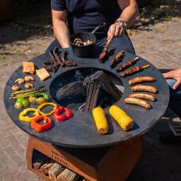 BBQ Plancha Grill Brasero Vuurschaal Cortenstaal met grote wielen, houtopslag en bakplaat Ø80cm Vuurkorf Tuinhaard — thumbnail 4