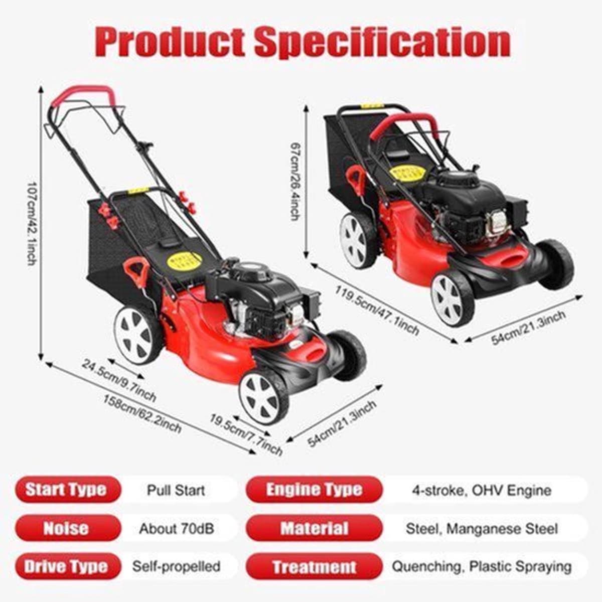 Benzine Grasmaaier Zelfrijdend - 140 cc Motor - 51 cm Maaibreedte - 60 L Opvangbak - Staal Nylon Mangaanstaal - Voor Grote Tuinen — afbeelding 1