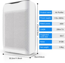 Luchtreiniger Wit - HEPA-Combifilter Met Actieve Koolfilter - 258 m³/h CADR - 36 m² Oppervlakte - Snoer Voeding - Voor Allergieën En Rookkamers — thumbnail 2