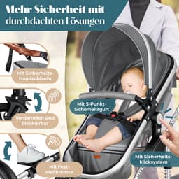 KESSER® Kinderwagen 3 in 1 Loops Wandelwagen Set incl. Autostoel & Reiswieg & Buggy Sportzitje - Massieve Rubberbanden - Luiertas / Regenhoes - Asfalt-Grijs / Zilver — thumbnail 3