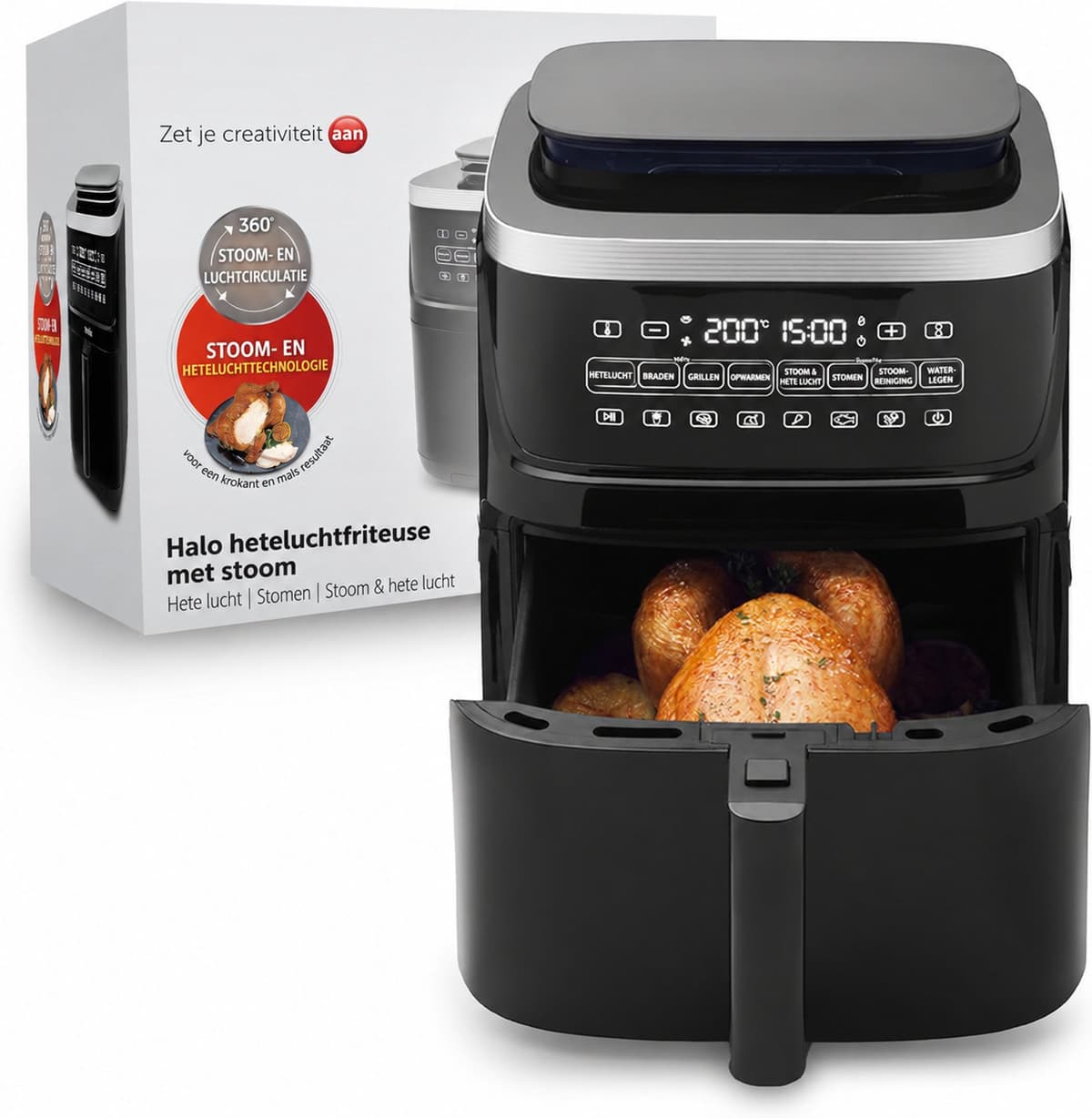 Airfryer Met Stoomfunctie - 7 Liter - 1700 W - 6 Kookprogramma’s - Touchscreen - Timer - Instelbare Temperatuur - Vaatwasserbestendige Onderdelen - Zwart — afbeelding 1