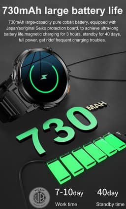 WizBay Premium Select® 1.83inch HD TFT - Bellen AI Voice - Message - Hartslag & Slaap Monitor - Bloeddruk & O2 - 100+ Sport Modi - LED Zaklamp - 730mAh - Magnetic Laden - Zinc Alloy Zwarte Case - Zwarte TPU Band — thumbnail 5