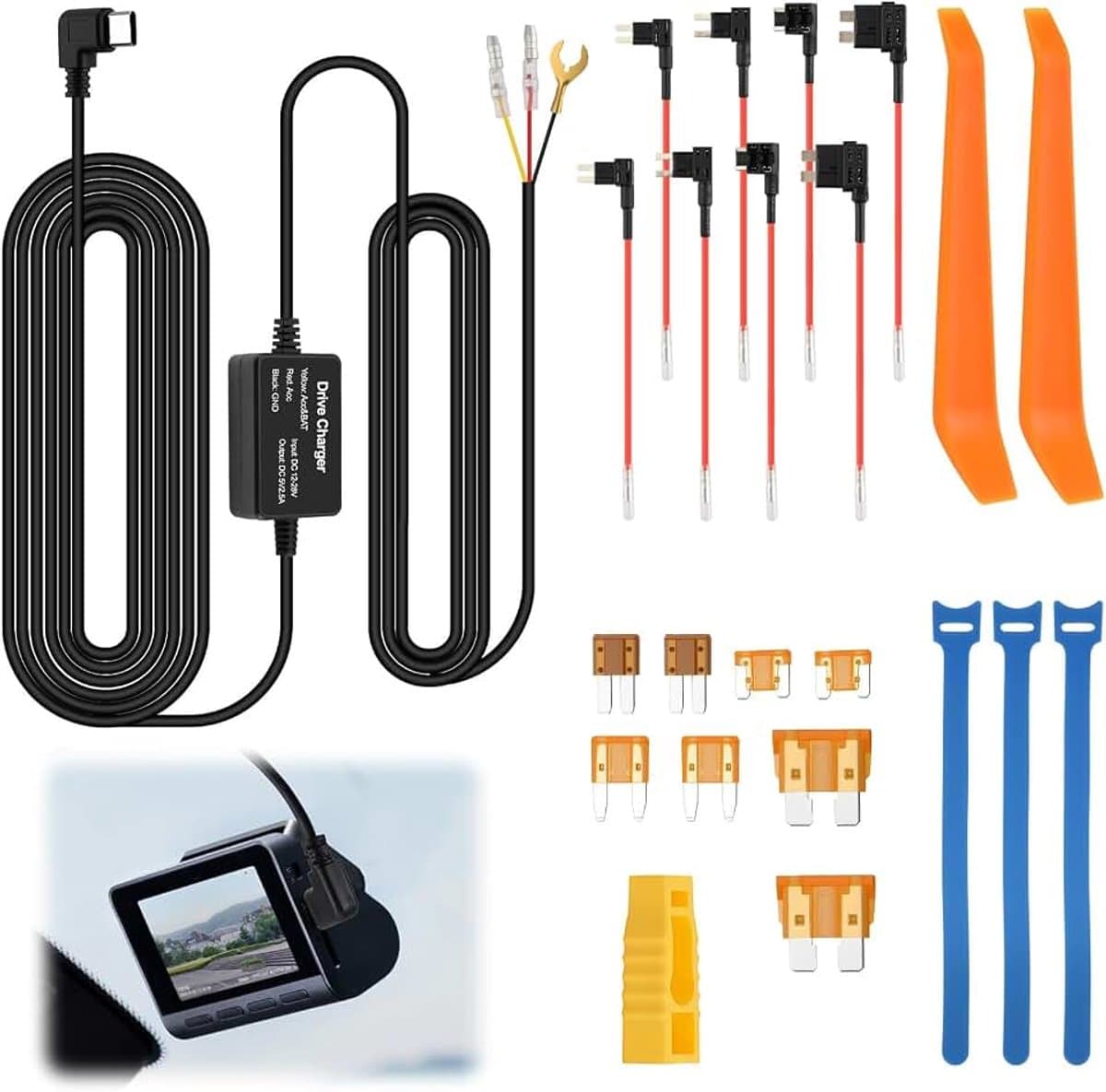 Dashcam Hardwire Kit USB-C 3,2 m, dashcam bedradingsset voor auto, 12 V/24 V, step-down-kabel met laagspanningsbeveiliging voor continue voeding, parkeerbewaking en routopname — afbeelding 1