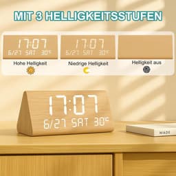 SnelShoppen - Digitale Houten Alarm Klok met 2 Alarmen, Datum, Weekdag, Temperatuur, Verstelbare Helderheid en Volume, USB Oplaadpoorten voor Thuis en — thumbnail 5