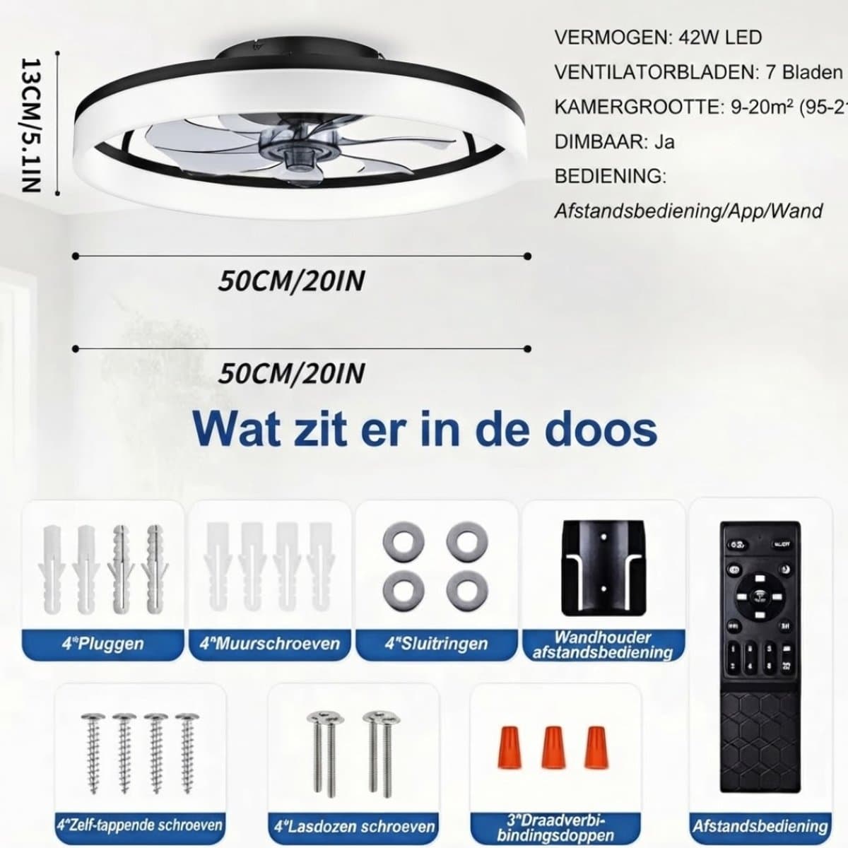 Lìon® Ventilator Plafond - Ventilator - Ventilator Staand Afstandsbediening - Zwart - 50cm x 50cm x 15cm — afbeelding 1