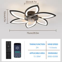 Riserva Plafondventilator met LED Verlichting Zwart - 85W - 9562lm - 3000-6500K - Dimbaar - Moderne Ventilatorlamp — thumbnail 3