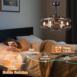 Plafondventilator met verlichting retro industrieel stil met afstandsbediening timer zwart metalen kooi 46 cm — thumbnail 1