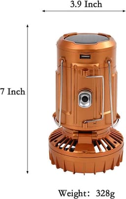 Campinglantaarn met ventilator, opvouwbare zaklamp/lantaarn, USB-oplaadbaar, werkt op zonne-energie en batterijen, campinglamp voor picknick, barbecue, vissen, reizen, oplaadbare noodverlichting (goud) — thumbnail 5