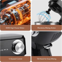 OLOEY Keukenmachine 4,5 L - 300 W - 12 snelheidsstanden - pulsefunctie - roestvrijstalen kom - kneedhaak & garde - vaatwasserbestendig - ideaal voor brooddeeg - cakes & crèmes (2-5 personen) — thumbnail 4