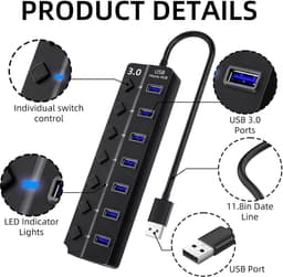 USB Hub - USB Hub Extender - Computer Uitbreiding - 7 Poorten - 5 Gbps - Zwart — thumbnail 5