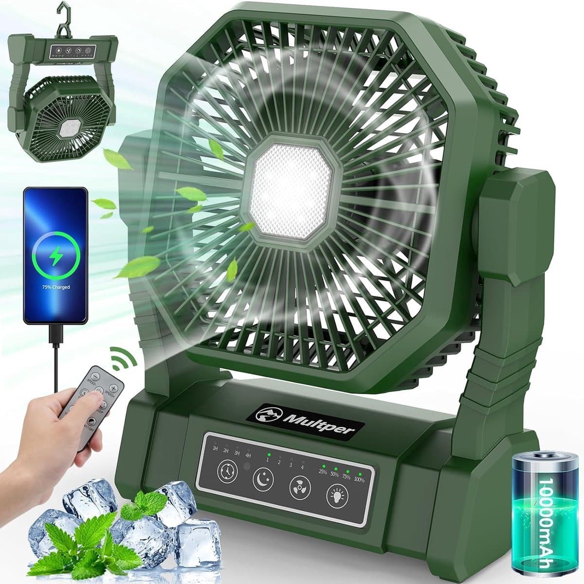 Solvix tafel ventilator geluidloos - Draagbare Tentventilator - Oplaadbaar - LED Lamp met Afstandsbediening - 4 Windsnelheden - Voor Buitenactiviteiten — afbeelding 1