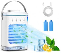 KZQ Draagbare ventilator - Aircooler - 4-in-1 ventilator - Vier windsnelheden - Timer van 2-8 uur - Kleurrijke verlichting - Waterreservoir van 900 ml - Geschikt voor slaapkamers, kantoren, woningen en kamperen - 16 × 13 × 24,5 cm - Wit — thumbnail 1