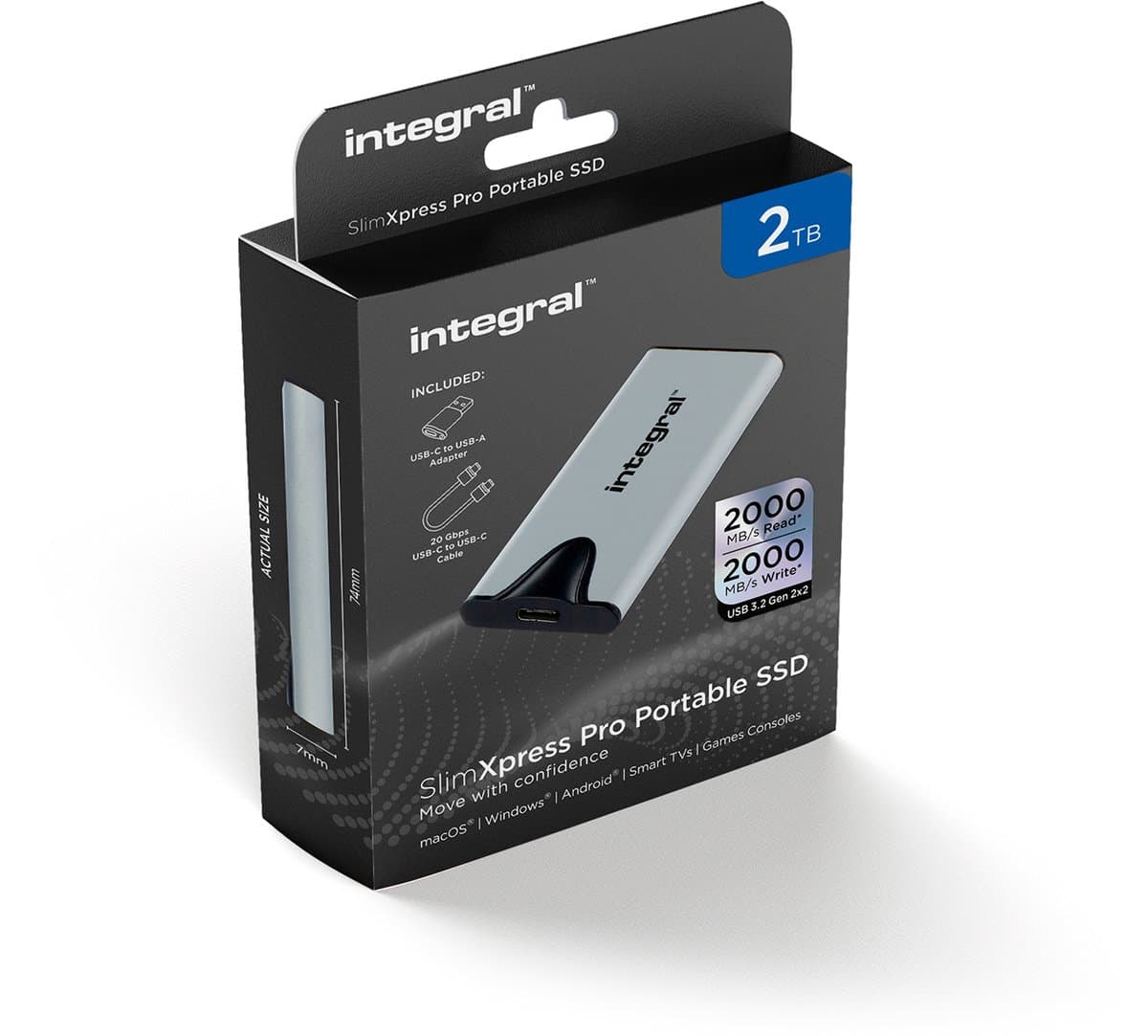 Integral SlimXpress Pro INSSD2TPORT3.2SLIMXS externe solide-state drive Thunderbolt technologie 2 TB USB Type-C USB 3.2 Gen 2x2 Zilver — afbeelding 1