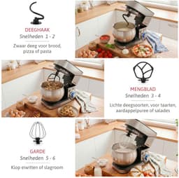 SnelShoppen - Keukenmachine 1800 W Max, Professionele Kneedmachine met Orbitale Beweging, 5 L, 6 Snelheden + Pulsfunctie, Roestvrij Staal, Garde, Deeg — thumbnail 5