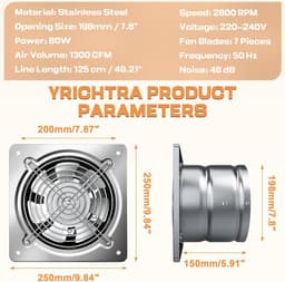 Afzuigventilator 200 mm – Stille Badkamerventilator – 980 m³/u Luchtafvoer – RVS – Wand- en Plafondmontage – 7 Bladen — thumbnail 5