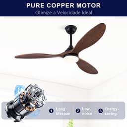 Plafondventilator 52 inch Zwart met LED-verlichting - 3 CCT dimbare LED - Stille omkeerbare DC-motor - Afstandsbediening met geheugenfunctie - 3 massief houten bladen - 52 inch diameter — thumbnail 5