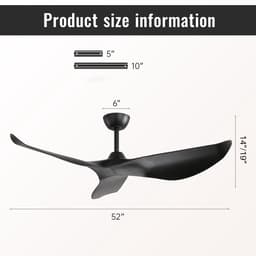 Ventilator FloraGrace – 132 cm – 6 Snelheden Met Afstandsbediening – ABS – Zwart – Plafondventilator Zonder Verlichting Met Omkeerbare DC Motor — thumbnail 4