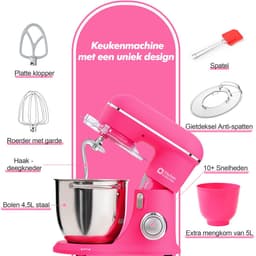SnelShoppen - Kitchen in the Box Keukenmachine 1300W, 10 snelheden, 4.5L + 5L mengkommen, elektrische standmixer met garde, klopper en deeghaak (Donke — thumbnail 4