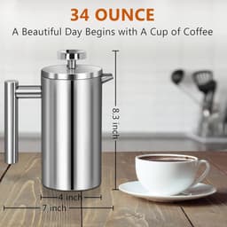 French Press Koffiezetapparaat 34 oz 1000 ml dubbelwandige geïsoleerde - Voor Thuis, Camping en Kantoor Coffee Strainer — thumbnail 3