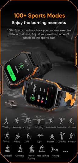 Knobbout 1.83" Scherm Outdoor Smartwatch – Sporthorloge - Bluetooth belfunctie - Sportgegevens, calorieën, bloeddruk monitoring– Slaapcoaching -7-10 dagen batterij-Android en iOS- Oranje — thumbnail 2