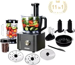 J&R Keukenmachine - Alles in 1 keukenmachine - Multifunctionele keukenmachine - Vleesmolen - Garde - Kneder - Shredder - Sinaasappelpers - Hakselaar - Blender - 1100W - Donkergrijs — thumbnail 1
