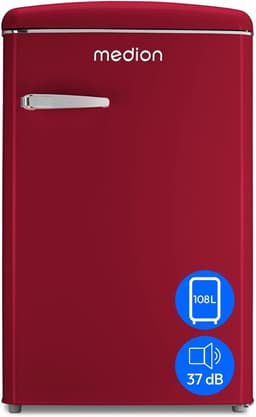 MEDION retro koel-vriescombinatie (95L koelkast, 13L 4-sterren vriesvak, 108 liter inhoud, LED interieurverlichting, traploze temperatuurregeling, retro design, MD 37790) rood — thumbnail 1
