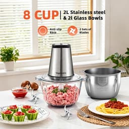 Krachtige Keukenmachine Hakmolen met 2 Liter Glazen en Stalen Kom — thumbnail 5