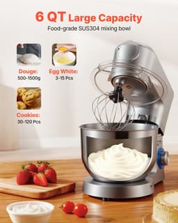 6 L Elektrische Keukenmixer met Een Vermogen van 1500 W, Kantelbaar Ontwerp, 6+P Snelheden, Inclusief 1,5 L Blenderbeker, Roestvrijstalen Kom, Deeghaak, Garde en Klopper voor Bakken en Mixen, Zilver — thumbnail 3