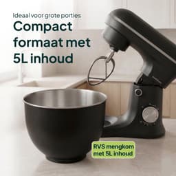Keukenmachine - Mixer Kom - Zwaar Deeg Maken - Planetaire Beweging - 5 Liter Kom - Matzwart — thumbnail 2