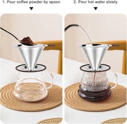 Pour Over Coffee Dripper - Roestvrijstalen Koffiefilter - Herbruikbaar - Dubbel Microgaasfilter - Lepel - Siliconen lade - Reinigingsborstel - 3-4 kopjes — thumbnail 5