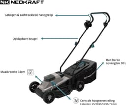 NeoKraft - Elektrische Grasmaaier - 1300W - 33 cm Maaibreedte - Incl 30L Opvangbak - 6 Maaihoogtes — thumbnail 3