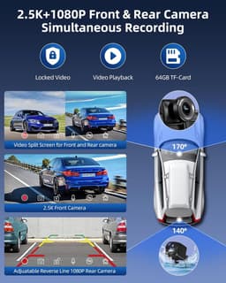 Draadloos Apple Carplay Display – Android Auto Scherm – Auto Infotainmentsysteem – Touchscreen Navigatie – Dashcam Voor en Achter – 10,26 Inch HD IPS – 2,5K Frontcamera & 1080p Achteruitrijcamera – Bluetooth 5.0 & 64GB TF-kaart — thumbnail 3