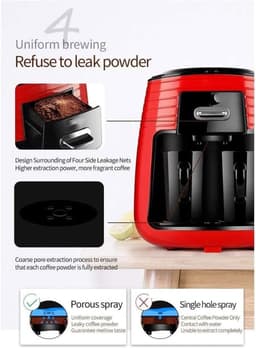 Volautomatisch Koffiezetapparaat - Espressomachine Cappuccino Maker - Snelle Koffiebereiding - Bonen-naar-kop Systeem - Compact Formaat 21cm - Rood — thumbnail 3