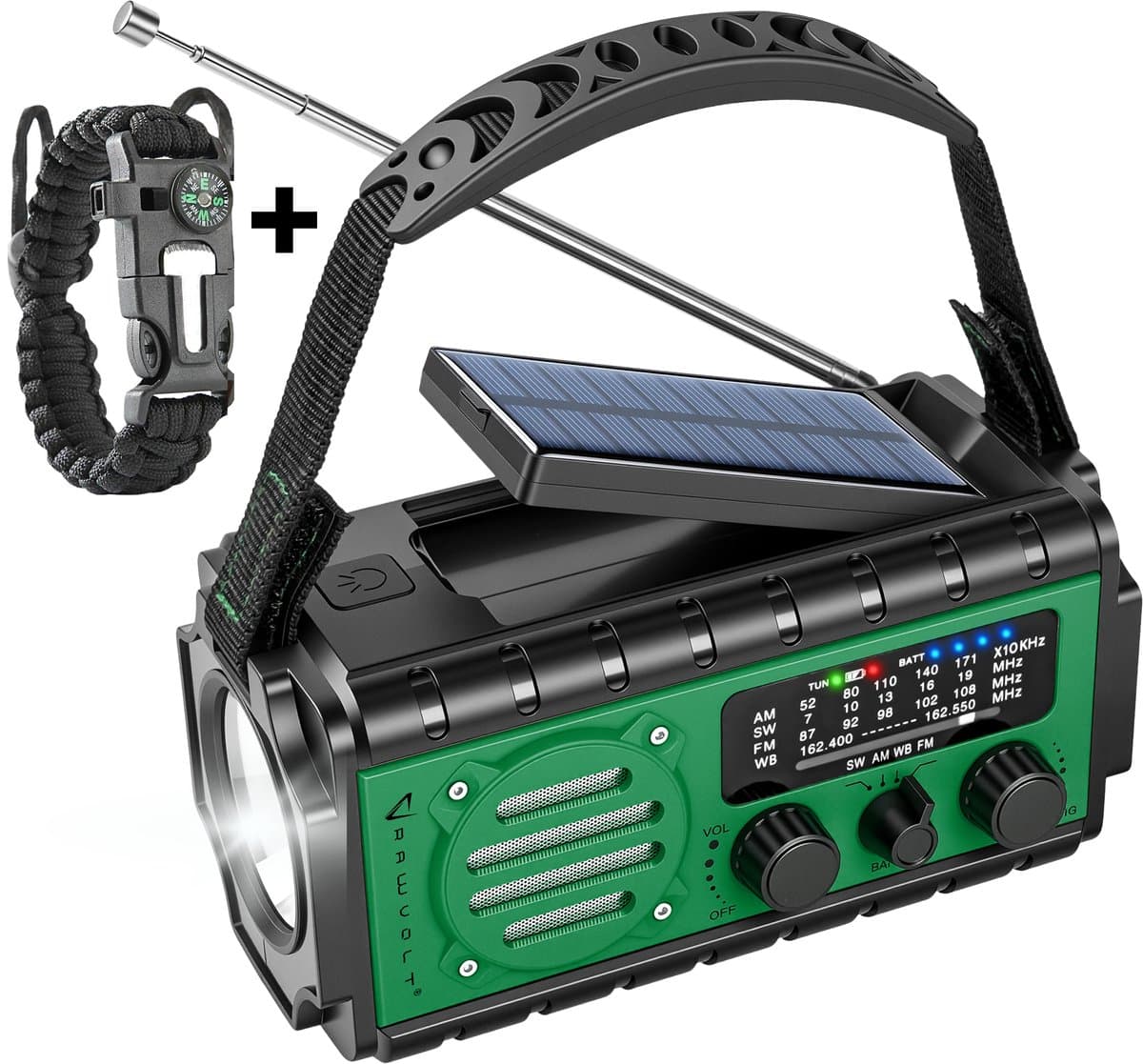 RAWVOLT® - NIEUW - Noodradio SW20K - 20000mAh Li-ion Accu - Solar Opwindbaar - Powerbank, Zaklamp, SOS Alarm & Leeslamp - 2026 model voor indoor, outdoor en in noodpakket - incl. Multi-Function Survival Armband - Army Green — afbeelding 1