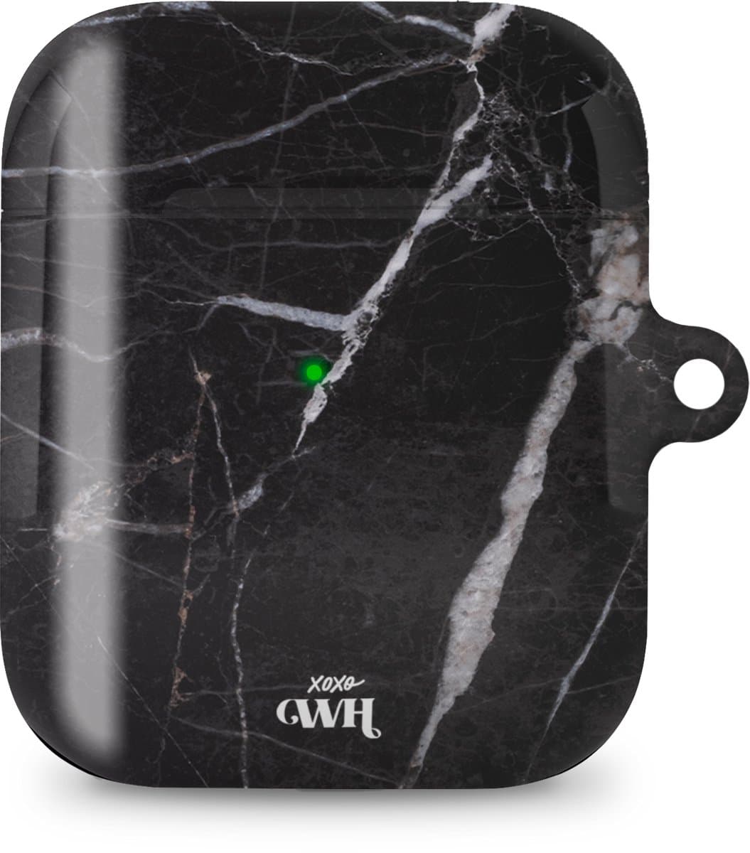 xoxo Wildhearts hoesje geschikt voor Airpods 1/2 - Marble Black Mood - Ook als telefoonhoesje verkrijgbaar - schokbestendige case geschikt voor Airpod 1 en 2 - koptelefoon case - Beschermhoes met marmerprint - marmer look - zwart — afbeelding 1
