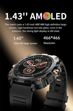 WizBay Premium Select® 1.43inch AMOLED Screen Smartwatch Dames Heren - Android en iOS - Bluetooth Call - 02 Zuurstof - Bloedruk - Dynamic Hartslag & Slaap Monitor - Message - Magnetic Laden - Smartwatches - Zwart met rvs Zwarte Band Rose Knoppen — thumbnail 3