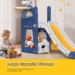 Grote blauwe glijbaan voor kleine kinderen met basketbalmand, glijbaan voor peuters van 1 tot 3 peuters, klimer, glijbaan, speelset met opbergruimte, binnen en buiten, speelgoed voor — thumbnail 2
