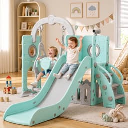 5-in-1 Kinderglijbaan met Schommel, Klimrek, Telescoop, Opbergruimte, Binnen- en Buiten Vrijstaande Glijbaan, Speeltuin Voor Peuters, Schommelset, Voor max. 60KG Van 1-6 Jaar — thumbnail 1