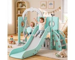 5-in-1 Kinderglijbaan met Schommel, Klimrek, Telescoop, Opbergruimte, Binnen- en Buiten Vrijstaande Glijbaan, Speeltuin Voor Peuters, Schommelset, Voor max. 60KG Van 1-6 Jaar